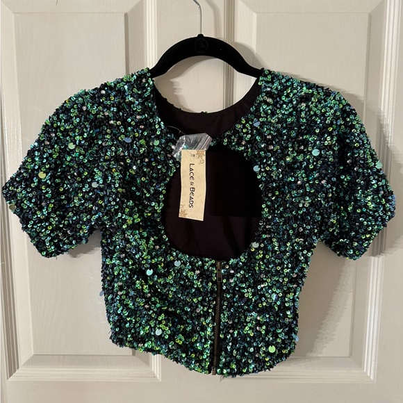 Lace & Beads Iridescent Embellished Open Back Cropped Top Size UK 8 (US 4) - Picture 2 of 3